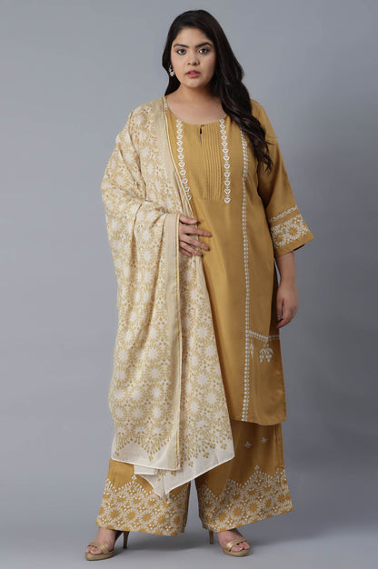 Yellow Printed kurta-Parallel Pants-Voile Dupatta Set