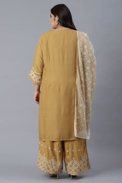 Yellow Printed kurta-Parallel Pants-Voile Dupatta Set