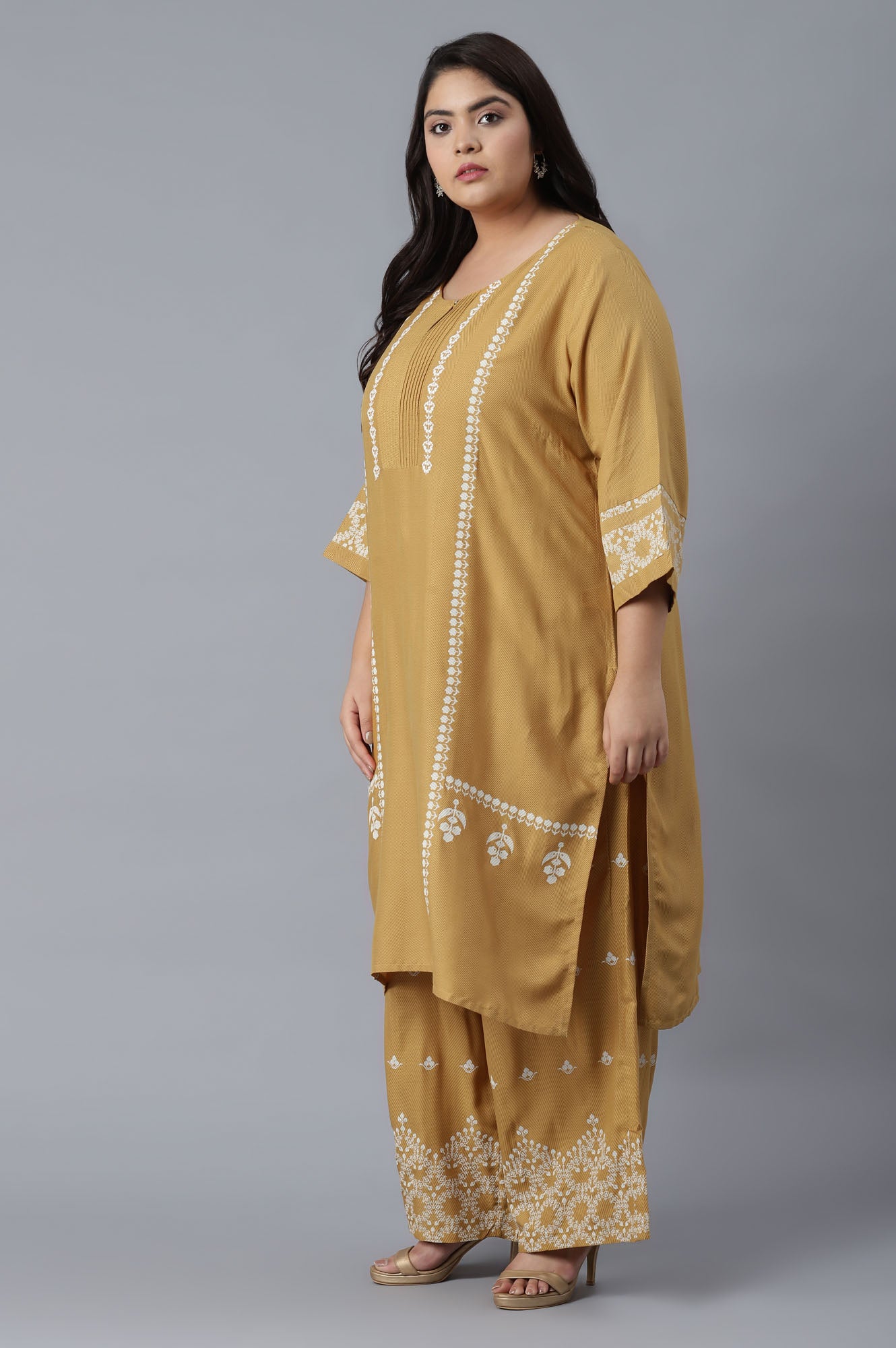 Yellow Printed kurta-Parallel Pants-Voile Dupatta Set