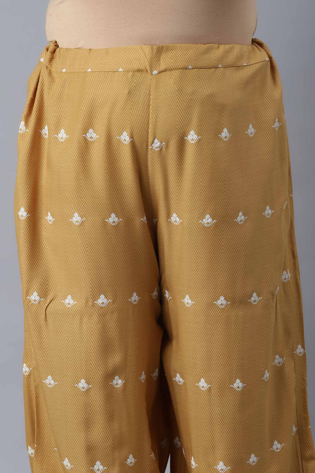 Yellow Printed kurta-Parallel Pants-Voile Dupatta Set