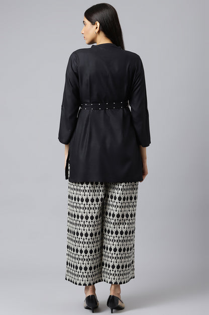 Black Mandarin Collar kurta-Printed Parallel Pants Set