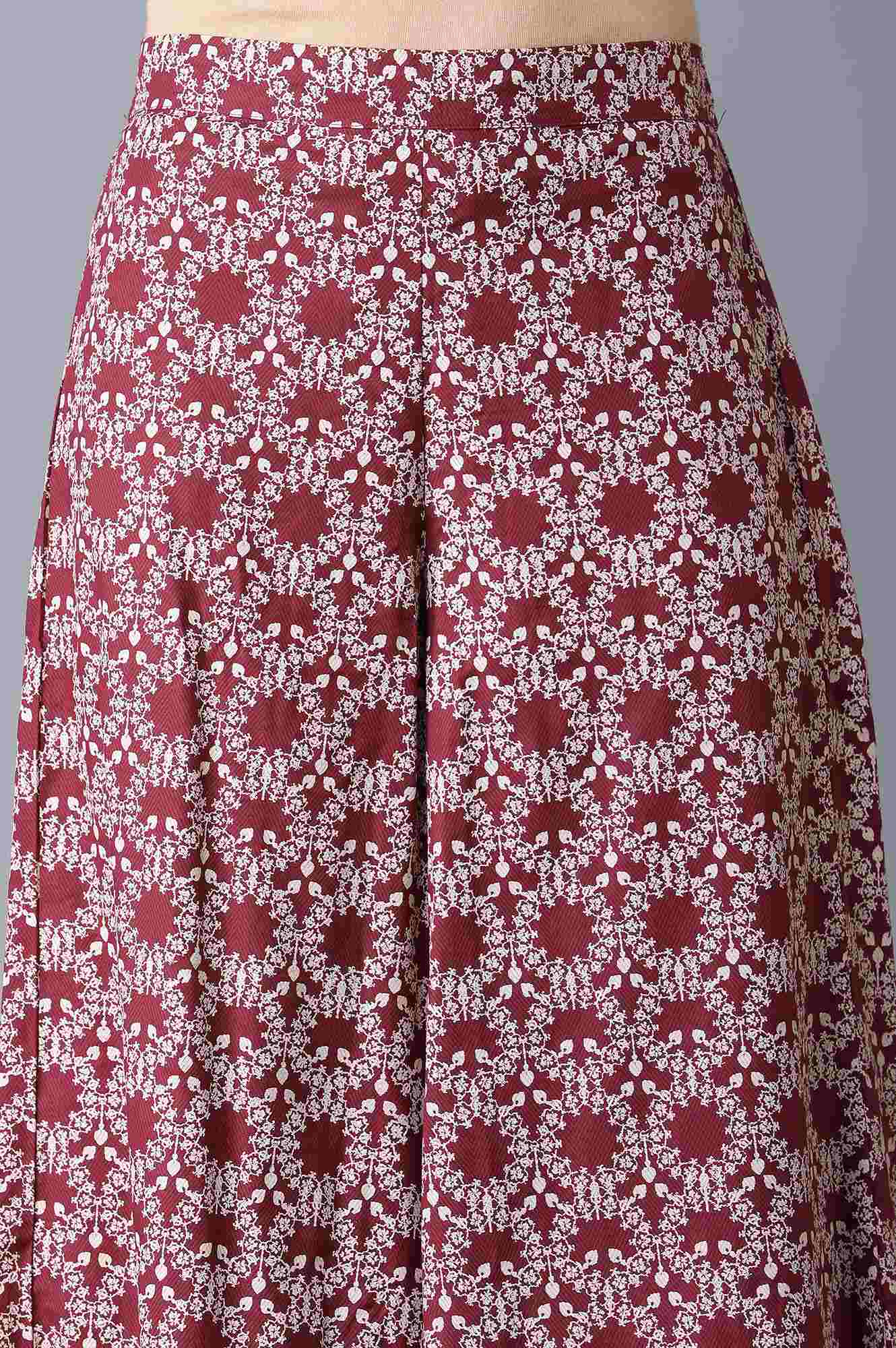 Maroon Round Neck kurta-Printed Flared Pants Set