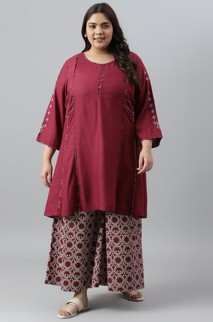 Maroon Round Neck kurta-Printed Flared Pants Set