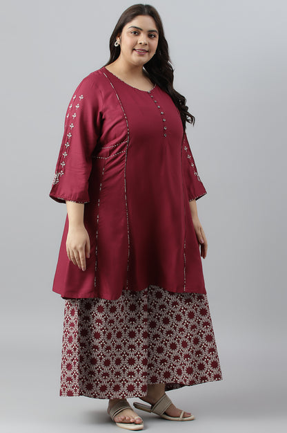 Maroon Round Neck kurta-Printed Flared Pants Set