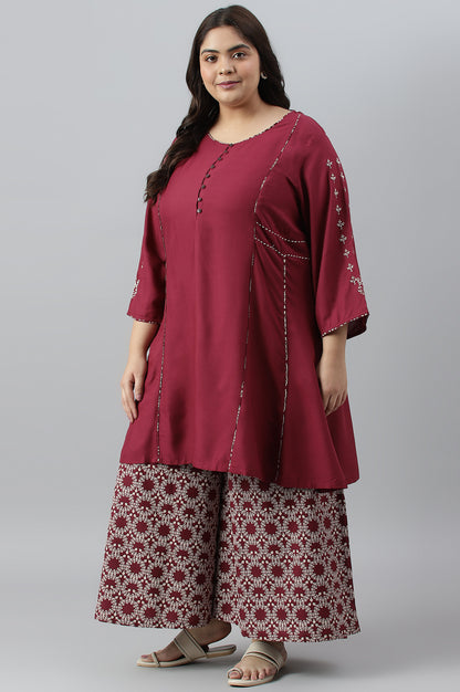 Maroon Round Neck kurta-Printed Flared Pants Set