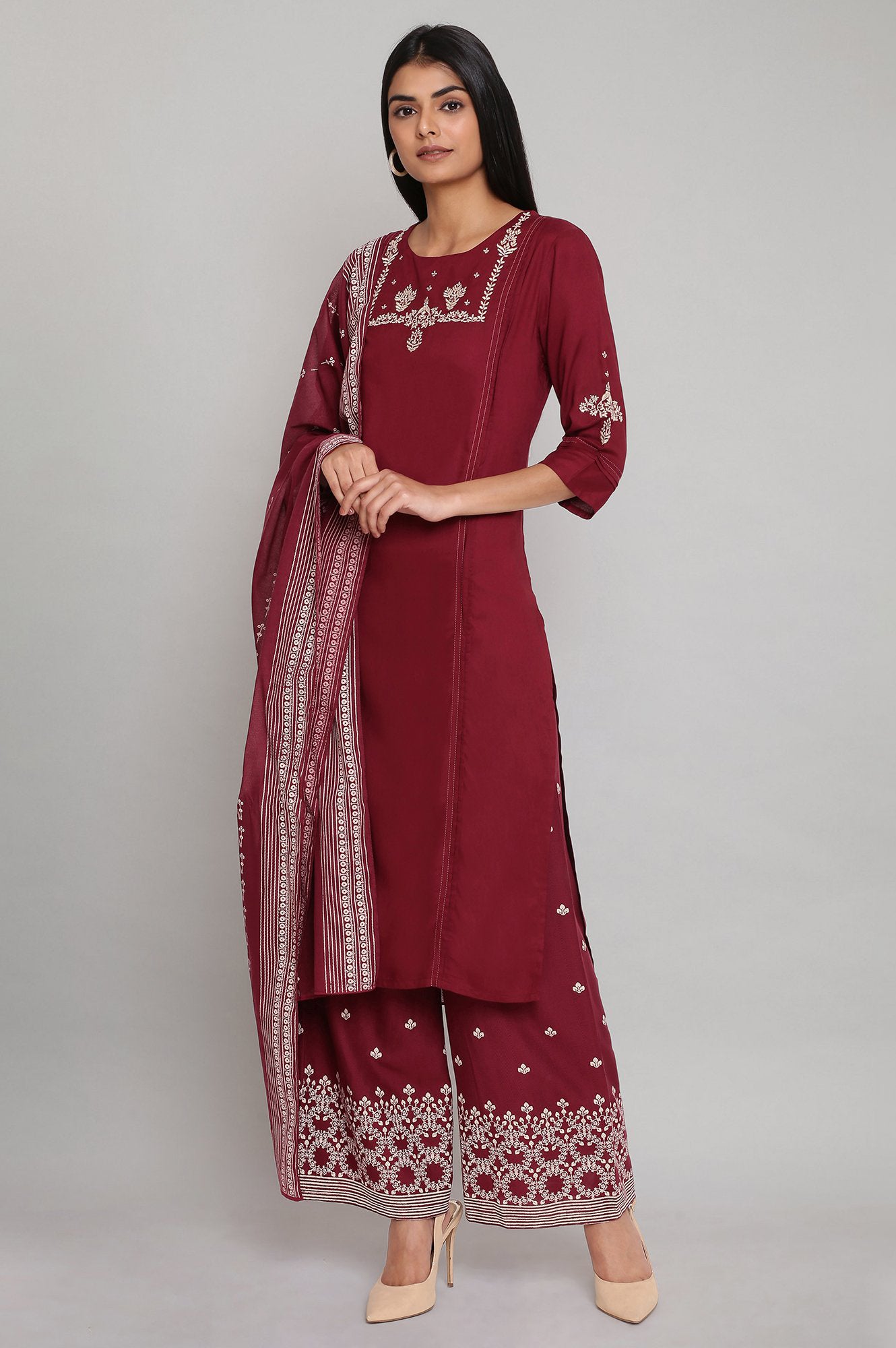 Maroon Solid Straight kurta-Parallel Pants-Dupatta Set