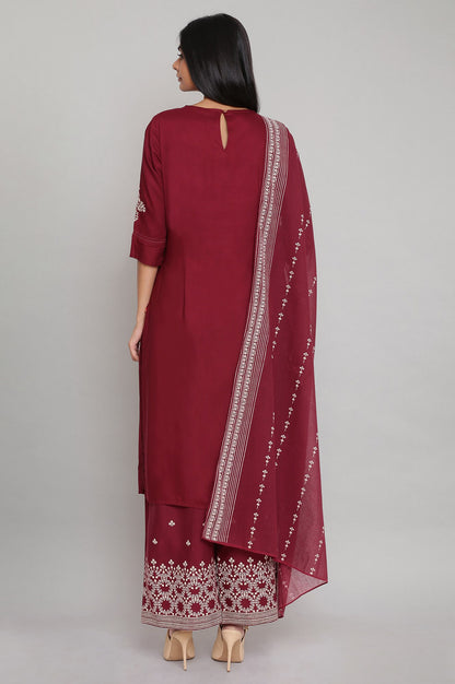 Maroon Solid Straight kurta-Parallel Pants-Dupatta Set