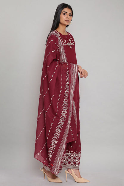 Maroon Solid Straight kurta-Parallel Pants-Dupatta Set