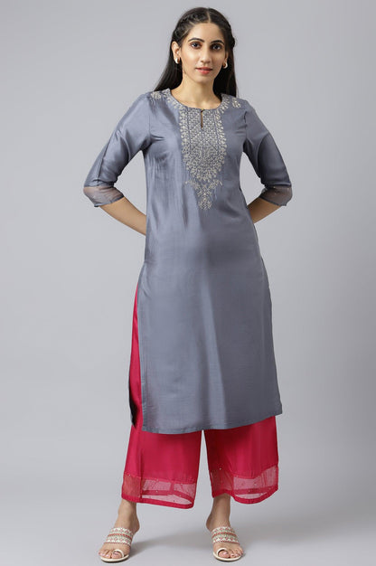 Blue Embroidered Straight kurta-Parallel Pants-Dupatta Set - wforwoman