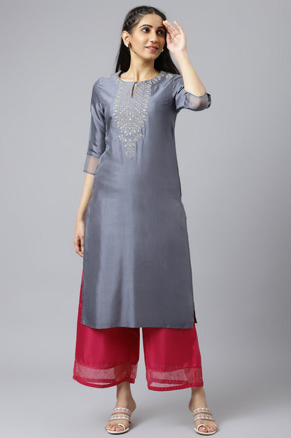 Blue Embroidered Straight kurta-Parallel Pants-Dupatta Set - wforwoman