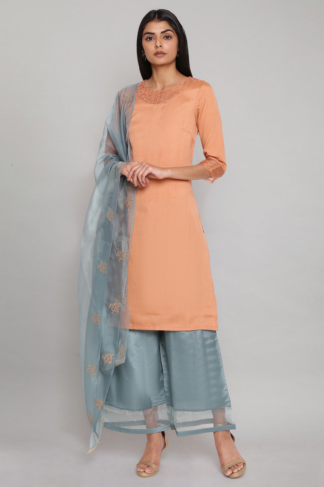 Peach Embroidered Straight kurta-Parallel Pants-Dupatta Set