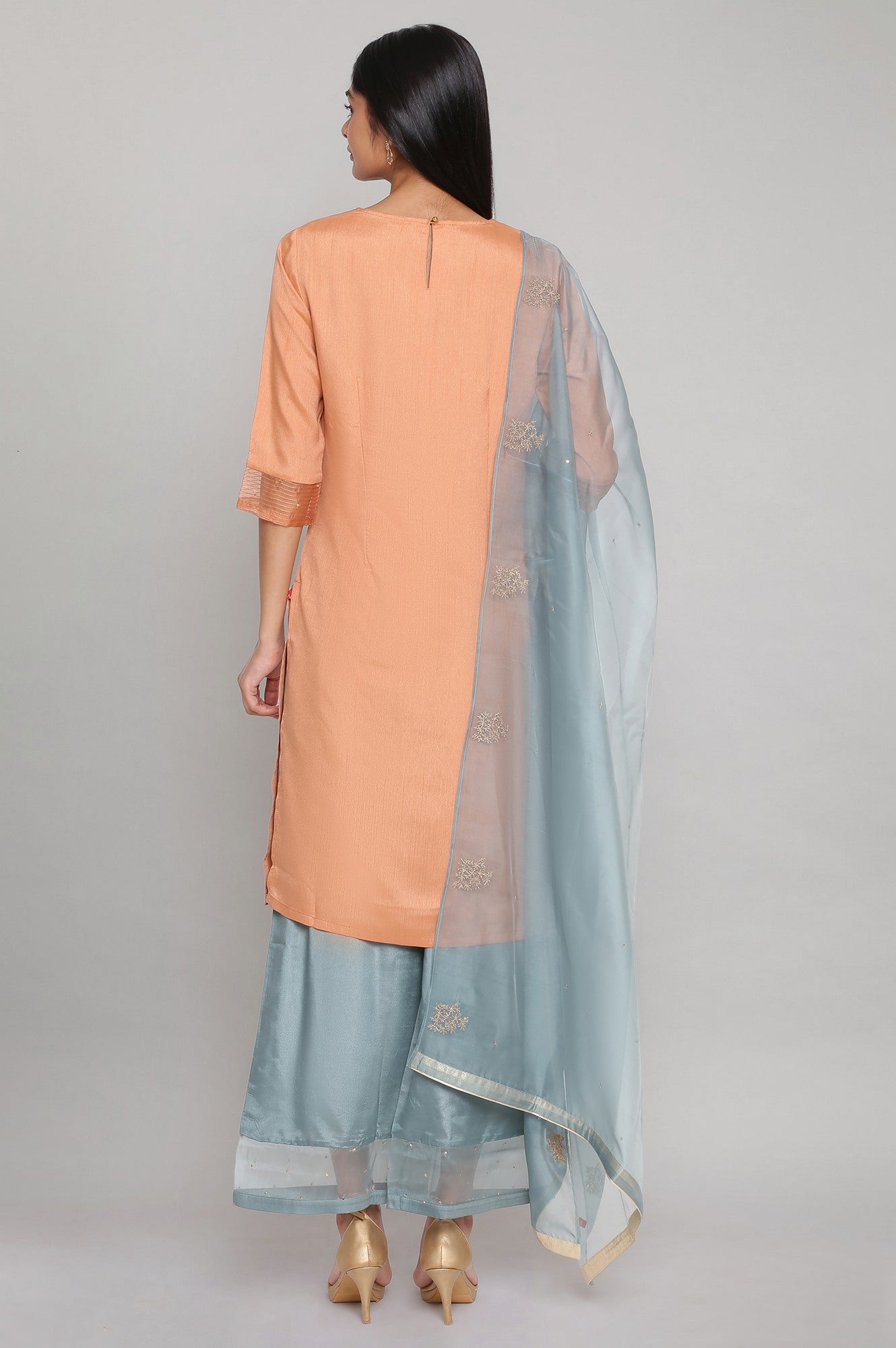 Peach Embroidered Straight kurta-Parallel Pants-Dupatta Set