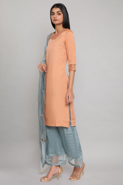 Peach Embroidered Straight kurta-Parallel Pants-Dupatta Set