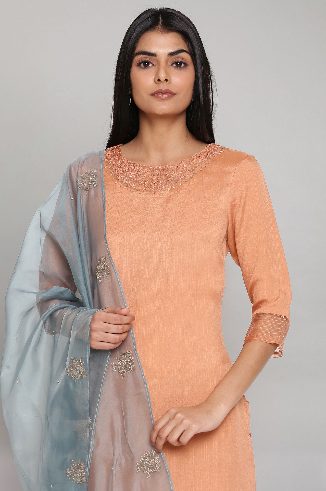 Peach Embroidered Straight kurta-Parallel Pants-Dupatta Set