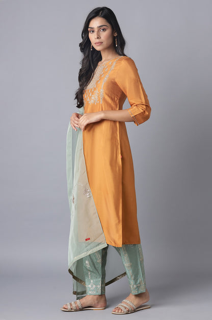 Rust Orange Embroidered Straight kurta-Sharara-Dupatta Set