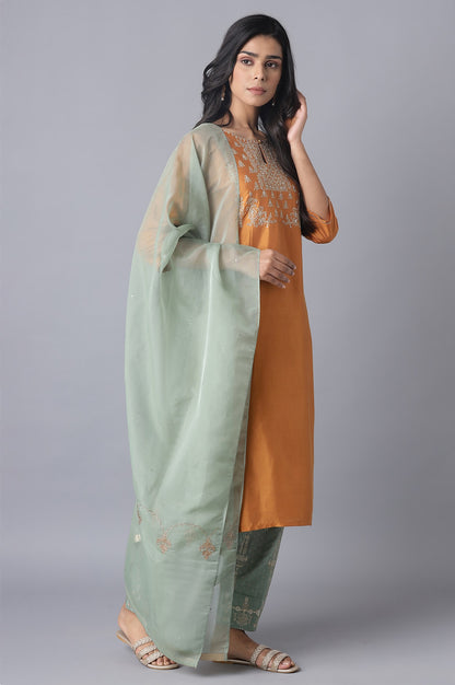 Rust Orange Embroidered Straight kurta-Sharara-Dupatta Set