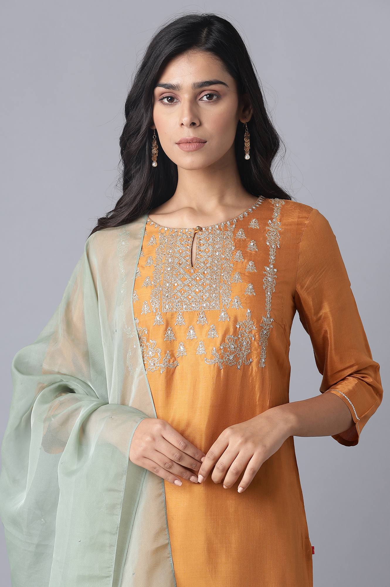 Rust Orange Embroidered Straight kurta-Sharara-Dupatta Set