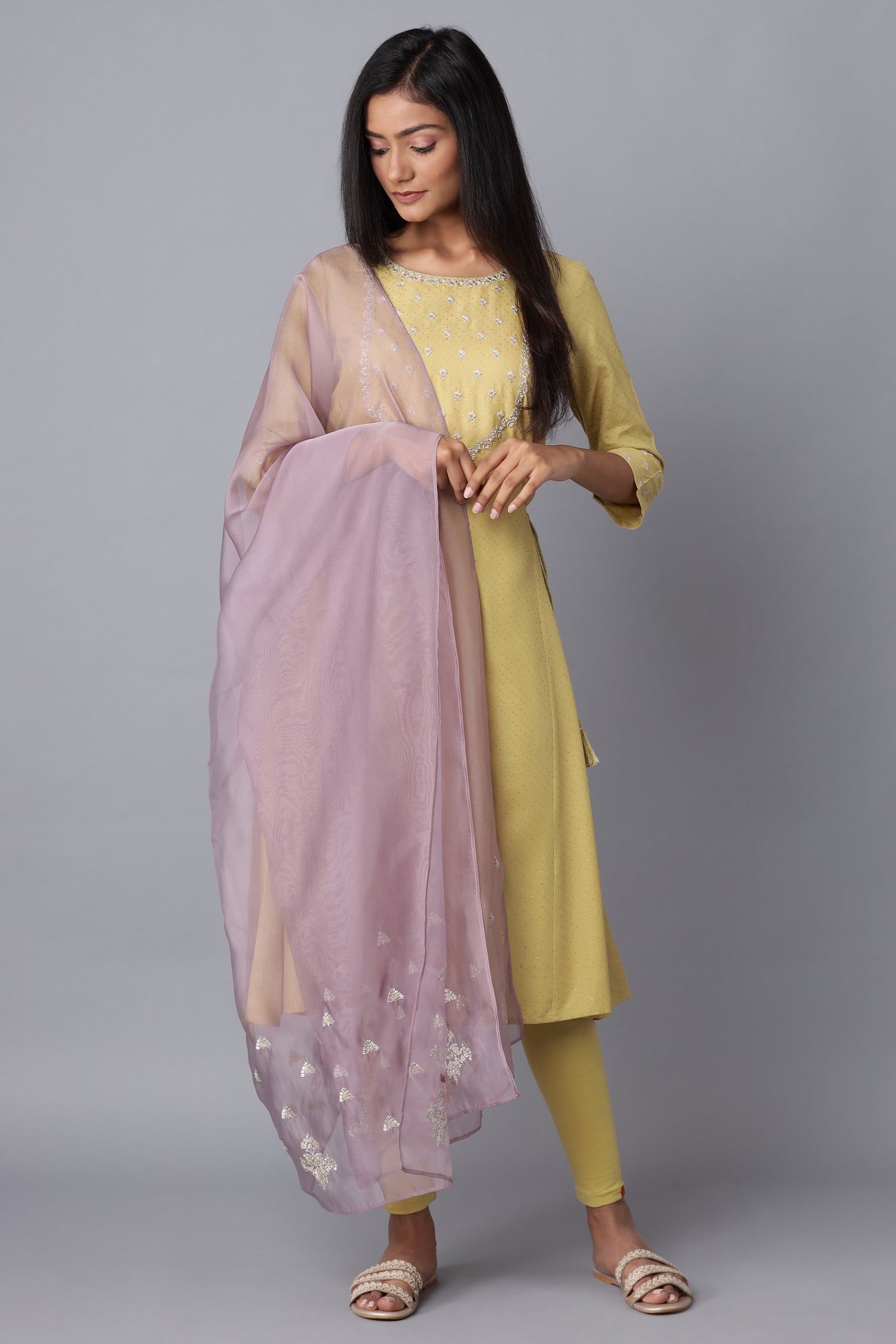 Light Green Embroidered A-line kurta-Solid Tights-Dupatta Set