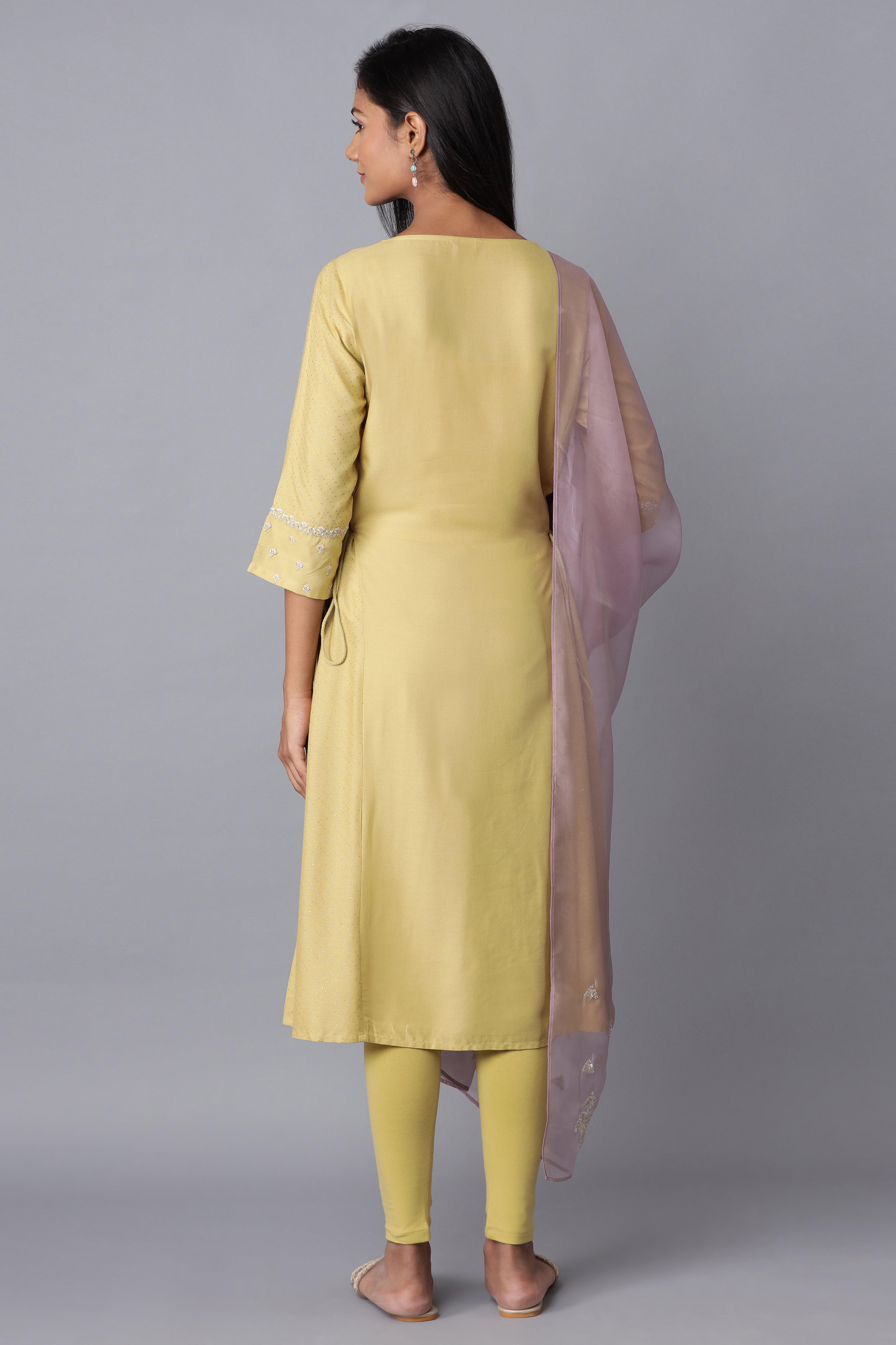 Light Green Embroidered A-line kurta-Solid Tights-Dupatta Set