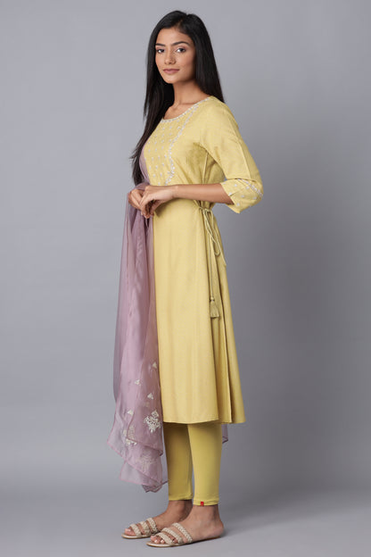 Light Green Embroidered A-line kurta-Solid Tights-Dupatta Set