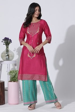 Magenta Shantung Embellished Kurta And Green Printed Parallel Pants