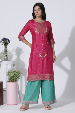 Magenta Shantung Embellished Kurta And Green Printed Parallel Pants