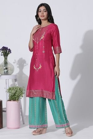 Magenta Shantung Embellished Kurta And Green Printed Parallel Pants