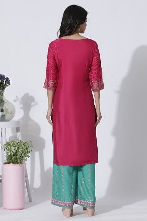 Magenta Shantung Embellished Kurta And Green Printed Parallel Pants