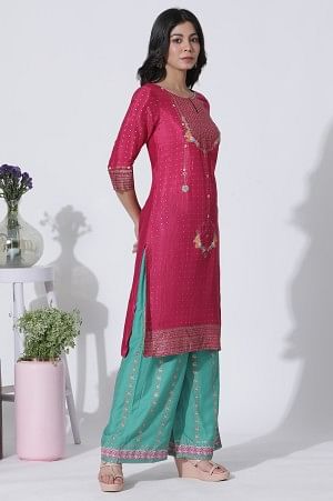 Magenta Shantung Embellished Kurta And Green Printed Parallel Pants