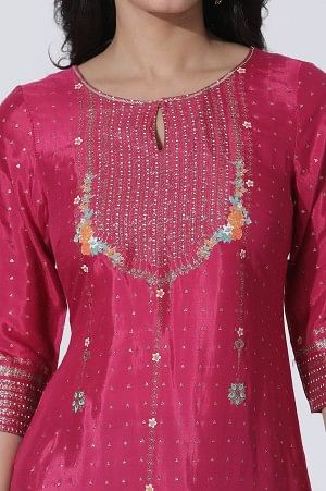 Magenta Shantung Embellished Kurta And Green Printed Parallel Pants