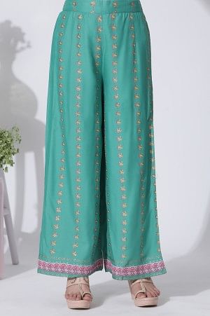Magenta Shantung Embellished Kurta And Green Printed Parallel Pants