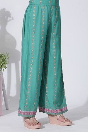 Magenta Shantung Embellished Kurta And Green Printed Parallel Pants