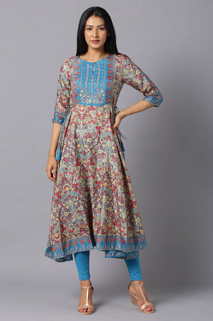 Dark Teal Embroidered kurta With Tights