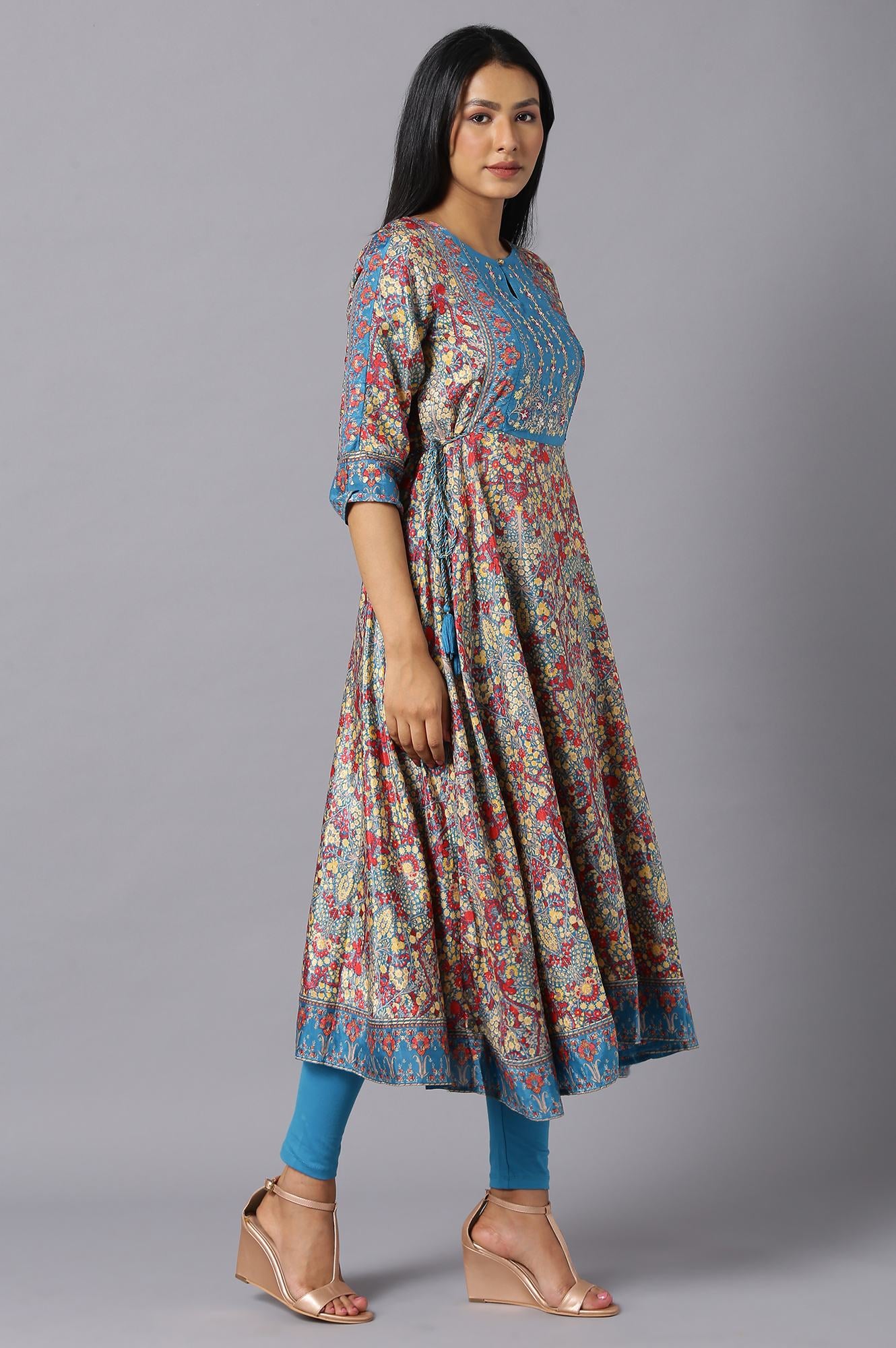 Dark Teal Embroidered kurta With Tights