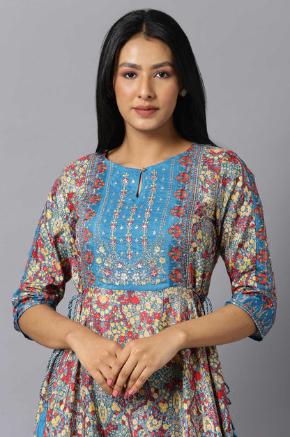 Dark Teal Embroidered kurta With Tights