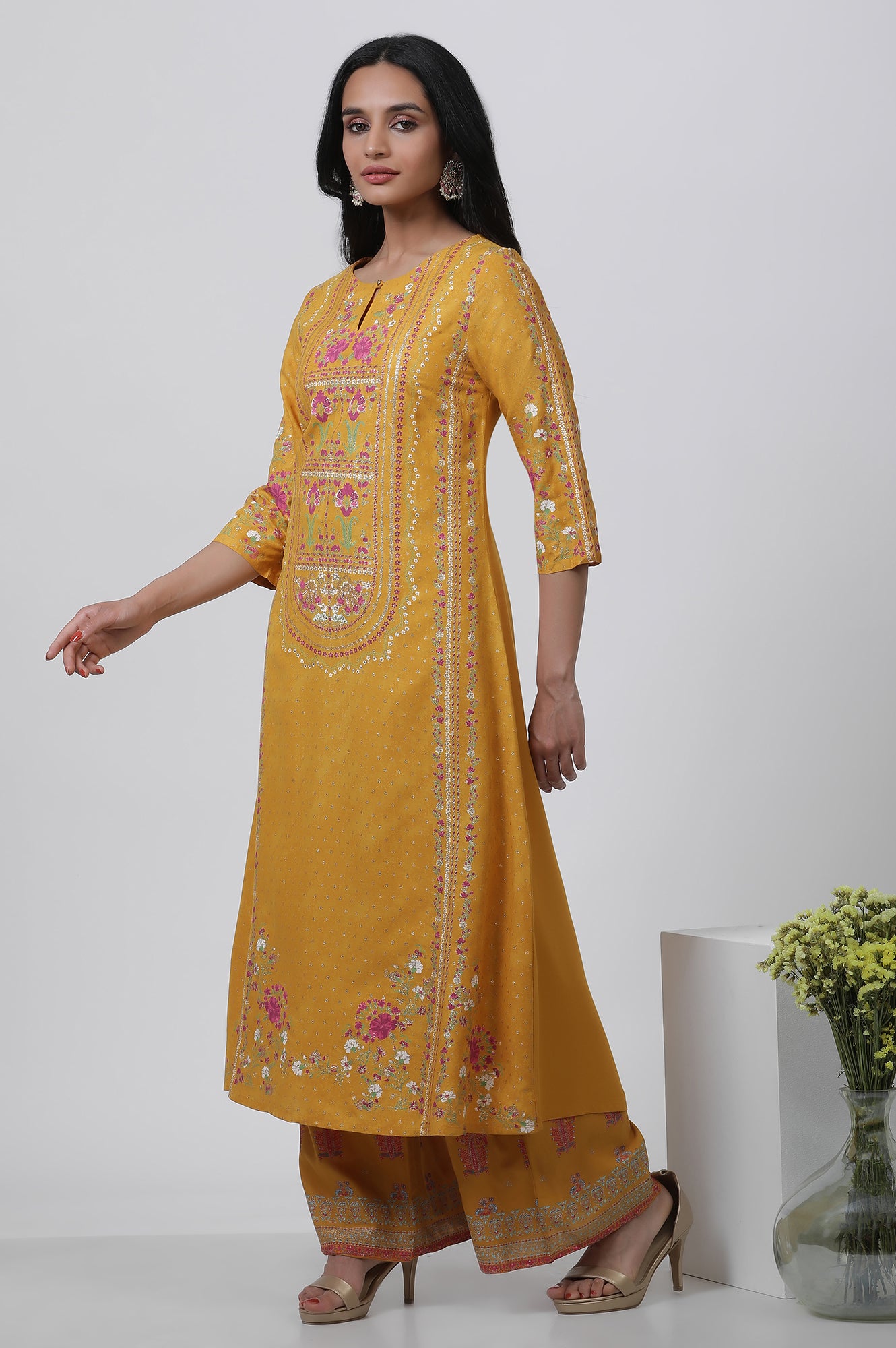 Yellow A-Line Printed Kurta And Parallel Pants Set