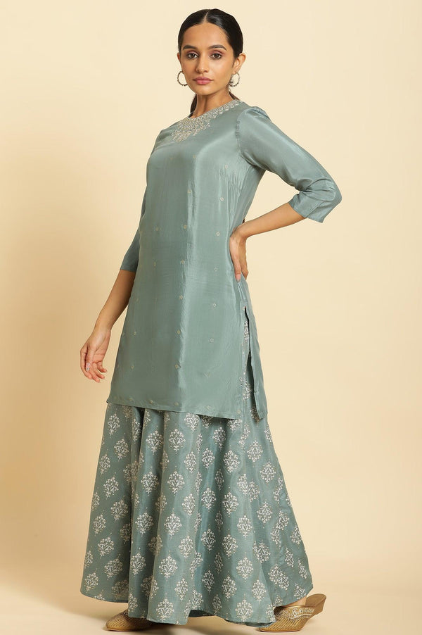 Blue Embroidered Round Neck kurta-Printed Culottes-Dupatta Set