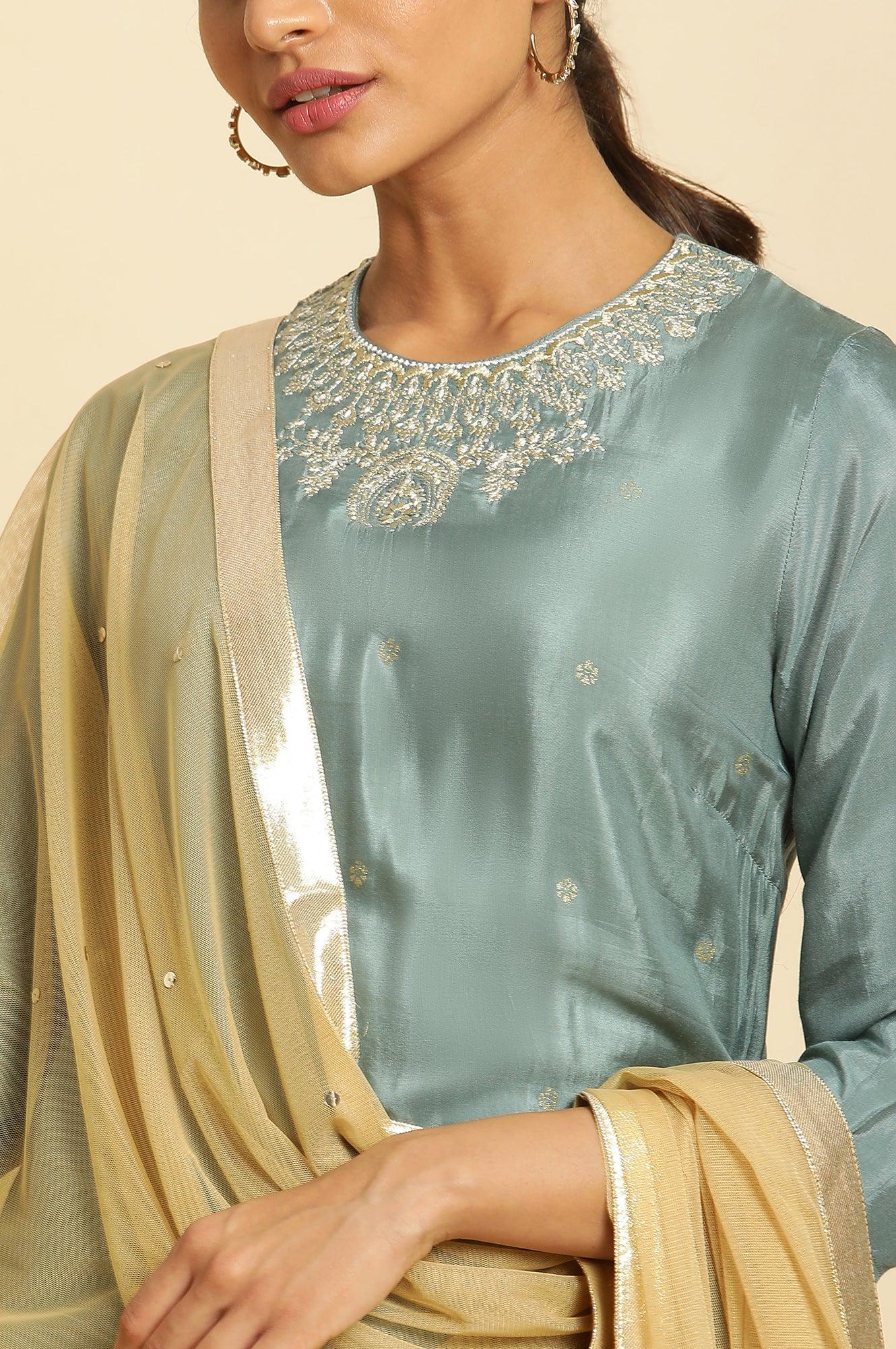 Blue Embroidered Round Neck kurta-Printed Culottes-Dupatta Set - wforwoman