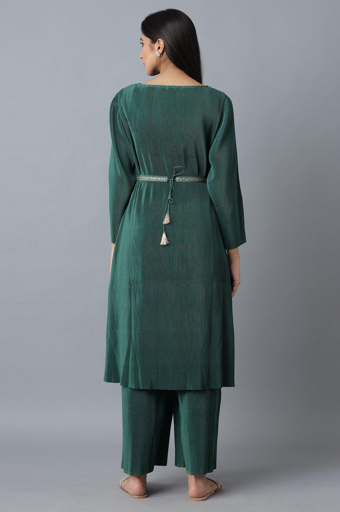 Deep Green Pleated kurta-Parallel Pants Set - wforwoman
