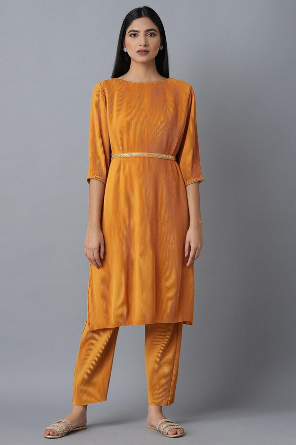 Orange Pleated kurta-Slim Pants Set