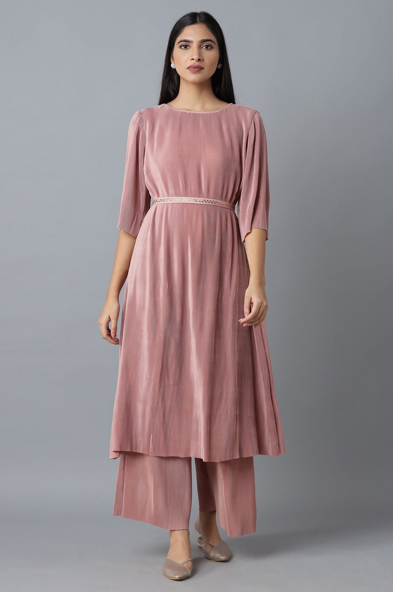 Mauve Pleated kurta-Parallel Pants Set