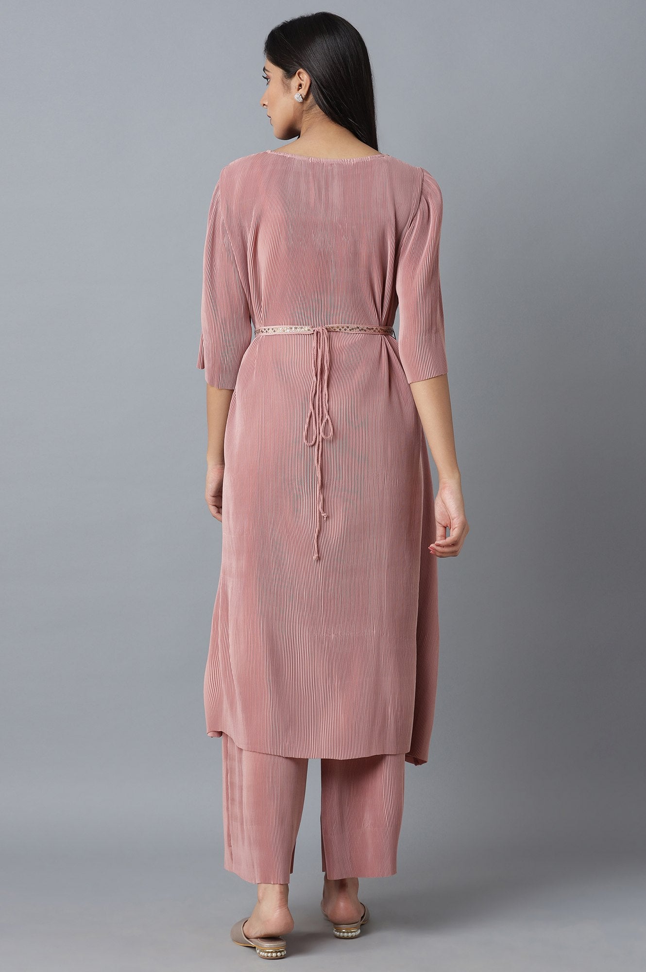 Mauve Pleated kurta-Parallel Pants Set