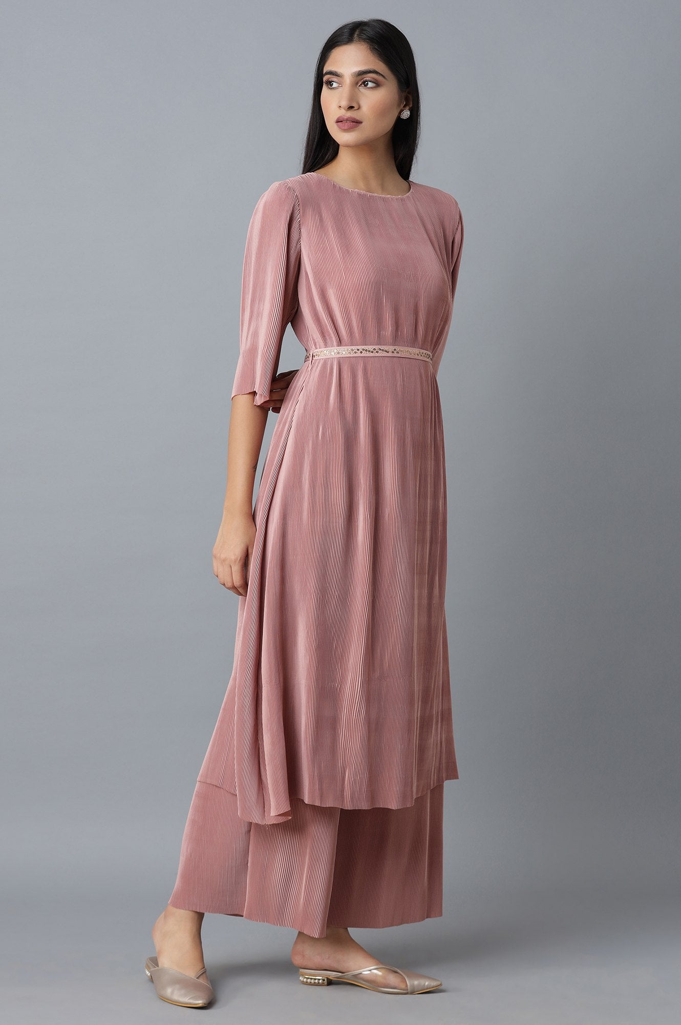 Mauve Pleated kurta-Parallel Pants Set