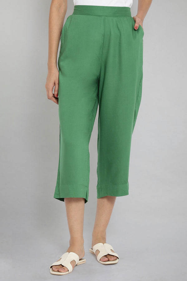 Muted Sage Green Solid Straight Fit Cotton Culottes With Elasticated Waist