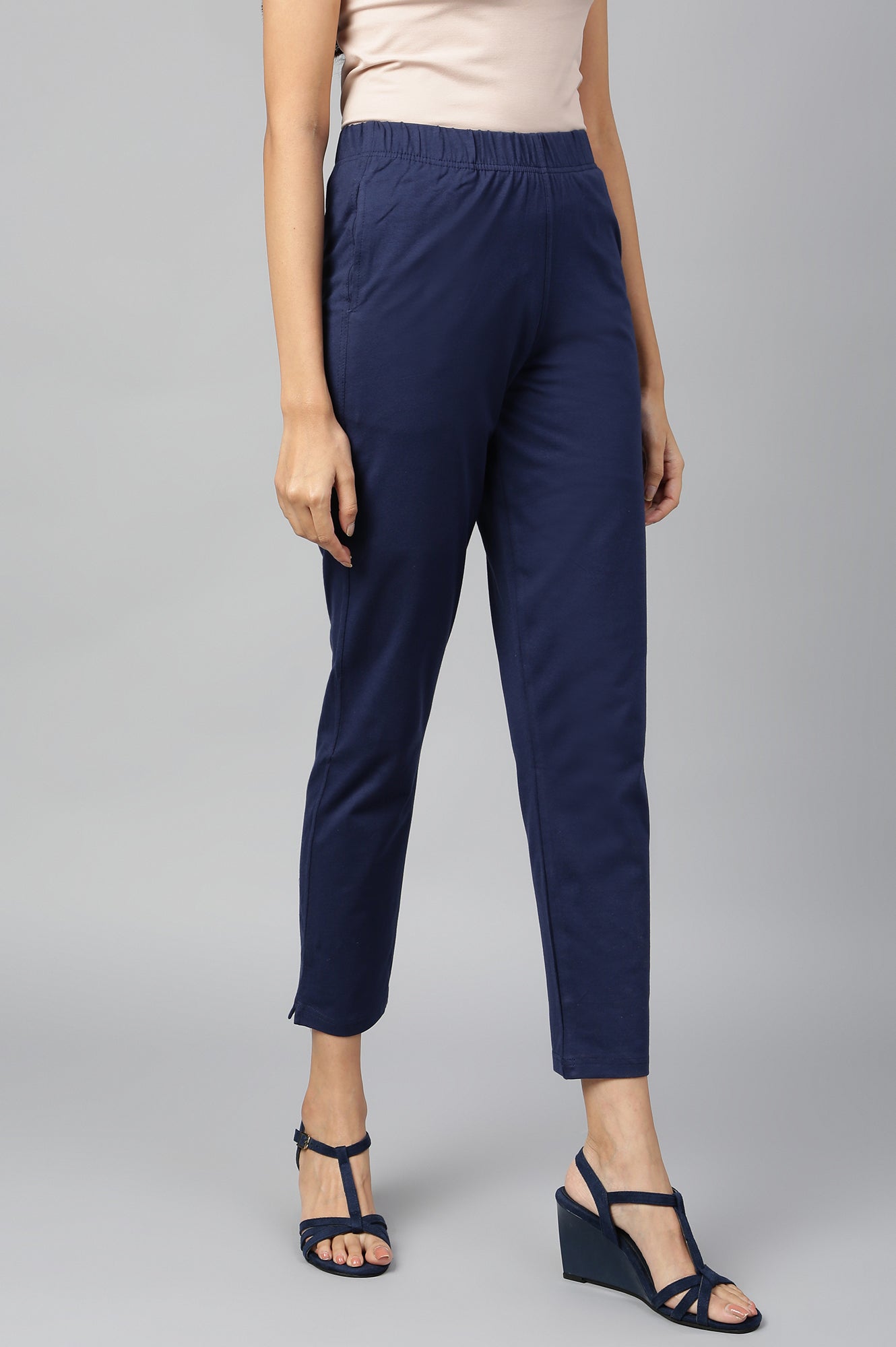 Blue Cotton Lycra Women Pants