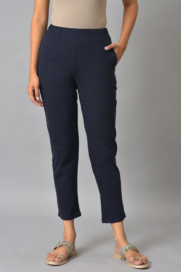 Navy Blue Solid Flared Cotton Pants With Elasticated Waist