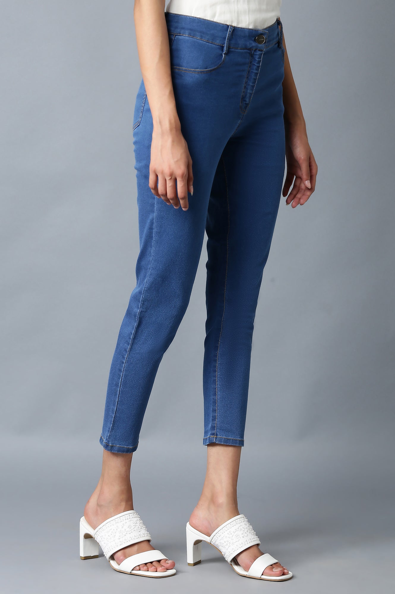 Matalan Denim Cropped Leggings Ice Blue Solid Slim-fit Denim