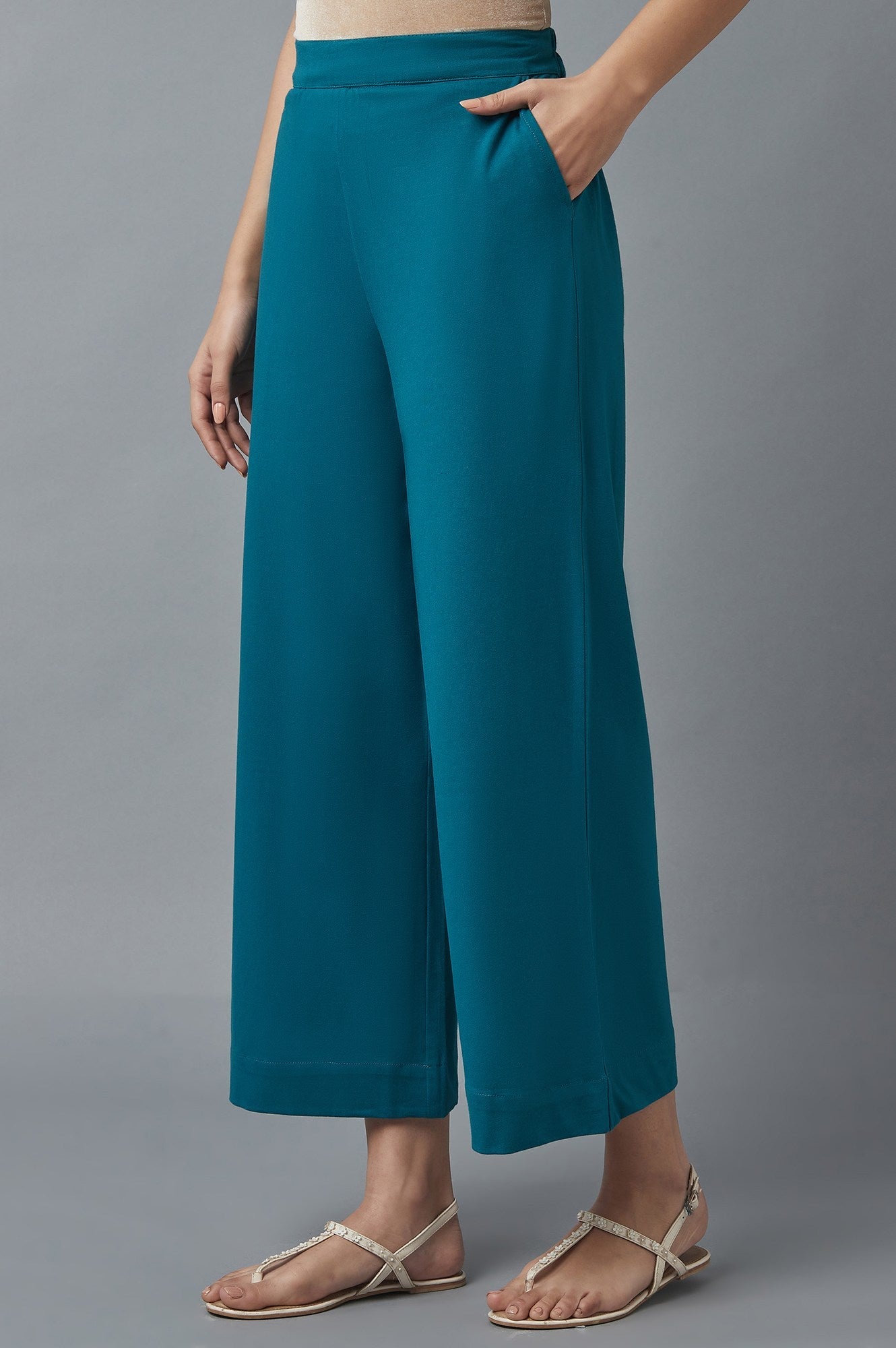 Teal Cotton Lycra Straight Palazzo