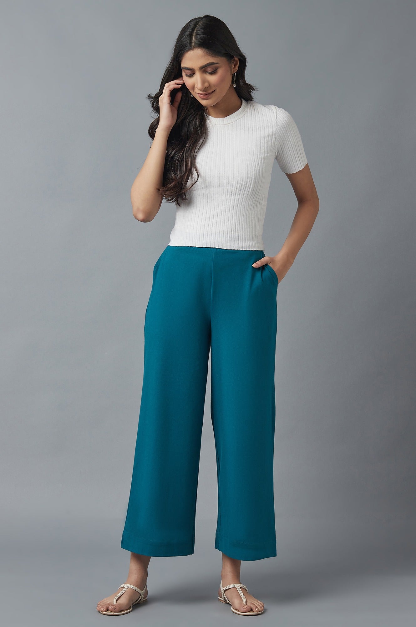 Teal Cotton Lycra Straight Palazzo