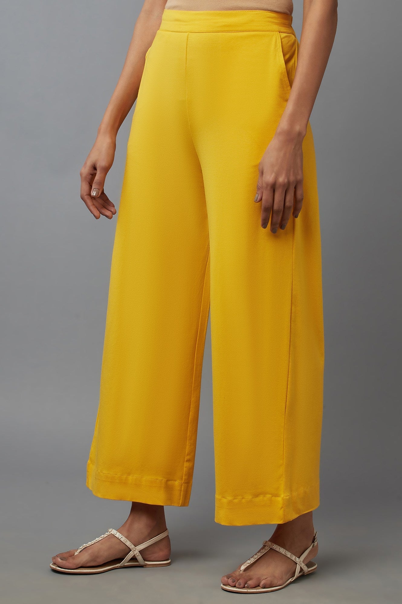 Yellow Cotton Lycra Straight Palazzo